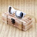 BOBO BIRD New 2016 Womens Mens Bamboo Wooden Sunglasses White Frame With Coating Mirrored UV 400 Protection Lenses in Wooden Box