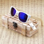 BOBO BIRD New 2016 Womens Mens Bamboo Wooden Sunglasses White Frame With Coating Mirrored UV 400 Protection Lenses in Wooden Box