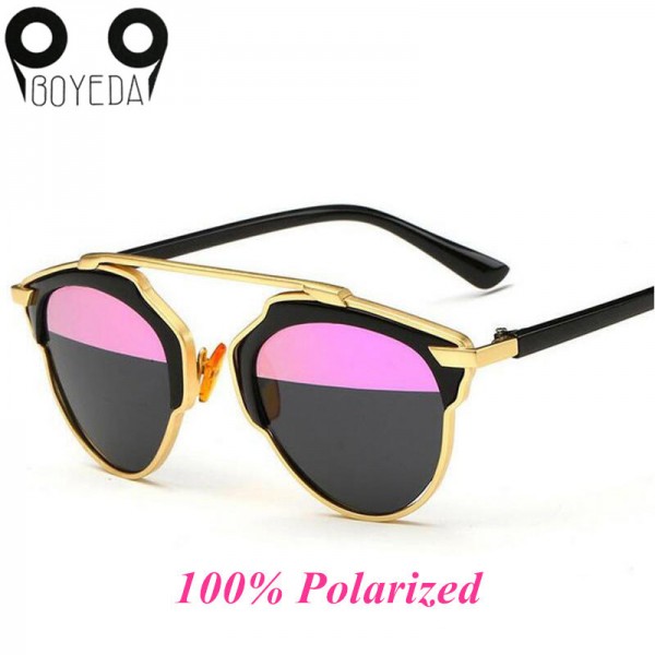 BOYEDA Fashion Flat Top Rihanna Luxury Sunglasses Women Brand Designer Polarized Retro Cat Eye Metal Frame Mirror Sun Glasses