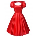 BP 2016 Black red Audrey Hepburn Dress Women Satin Puff Sleeve Summer Casual Vestido Vintage 50s Swing Pinup Rockabilly Dresses