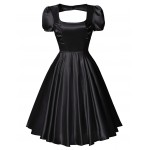 BP 2016 Black red Audrey Hepburn Dress Women Satin Puff Sleeve Summer Casual Vestido Vintage 50s Swing Pinup Rockabilly Dresses