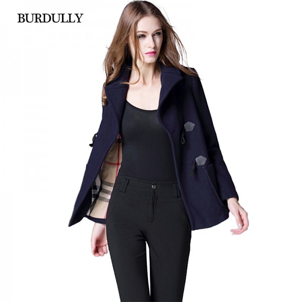 BURDULLY 2016 Autumn Fashion Cotton Long-sleeved Pure Cashmere Coat Woolen Female Women's Winter Jacke Plus Size Horn Button