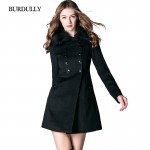 BURDULLY Autumn  Winter Warm Fox Fur Collar Cashmere Coat Female Women Long Woolen Coat Lapel Abrigos Mujer invierno lana 2016