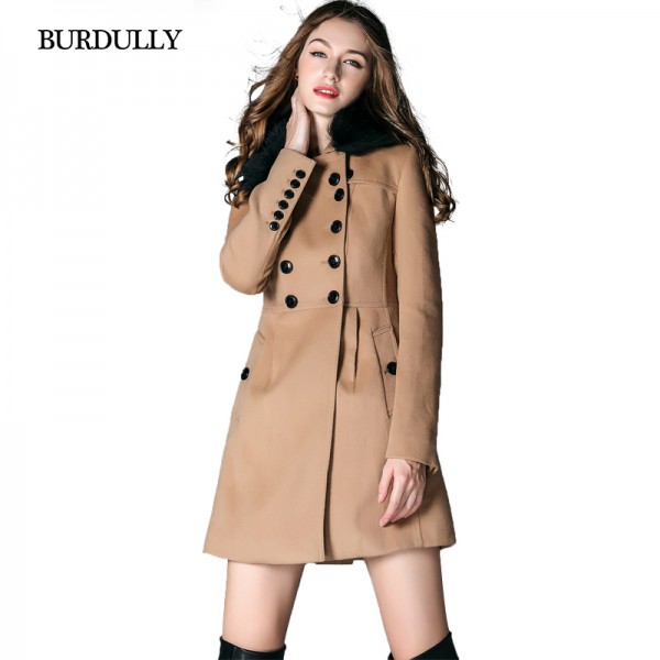 BURDULLY Autumn  Winter Warm Fox Fur Collar Cashmere Coat Female Women Long Woolen Coat Lapel Abrigos Mujer invierno lana 2016