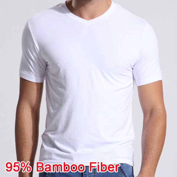 Bamboo Fiber Anti-sweat smell T-shirt Summer Breathable High quality Men Solid V-Neck Loose Short Sleeve Sports Casual Clothes