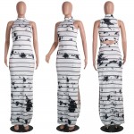 Batoneur Retro Ink Printing Strip Vintage Sleeveless Elegant White Maxi Dress Turtleneck Summer Robe Longue Style