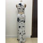 Batoneur Retro Ink Printing Strip Vintage Sleeveless Elegant White Maxi Dress Turtleneck Summer Robe Longue Style