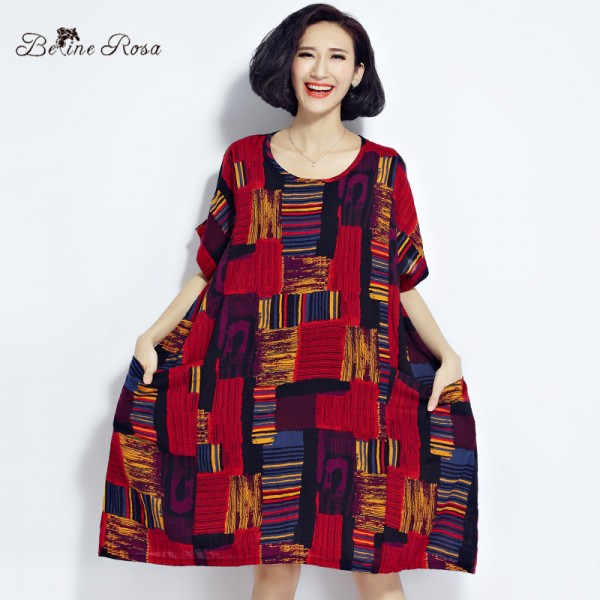 BelineRosa 2017 Plus Size Dresses Summer Cotton and Linen Plaid Dress Clothes for Pregnant Women Fit 50~90KG TYW0209