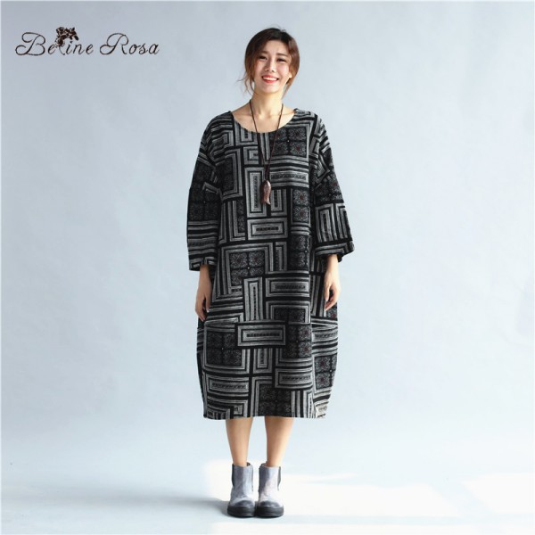 BelineRosa Women's Autumn Big Sizes Women Clothes European Style Maze Printing Loose Long Dress for WomenFit 3XL~6XL HS0131