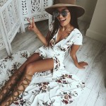 BellFlower Summer Dress Women Beach Dress Short Sleeve Irregular Dress Floral Printed V-Neck Sexy Dress Long Split Dress Vestido