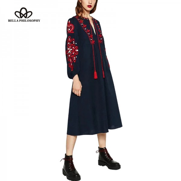 Bella Philosophy 2016 autumn winter retro folk-custom embroidery tassels bowknot embroidered lantern sleeves long-sleeved dress