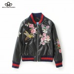 Bella Philosophy 2016 new winter floral printing embroidery applique women clothing faux PU leather women bomber jacket