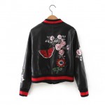 Bella Philosophy 2016 new winter floral printing embroidery applique women clothing faux PU leather women bomber jacket