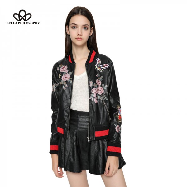 Bella Philosophy 2016 new winter floral printing embroidery applique women clothing faux PU leather women bomber jacket