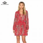 Bella Philosophy 2016 spring summer New floral printing V collar lace up neck waist pleated red women causal dress