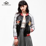 Bella Philosophy 2017 spring autumn two sides wear reversible stain sateen embroidery souvenir bomber jacket padded real photo