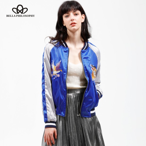 Bella Philosophy 2017 spring autumn two sides wear reversible stain sateen embroidery souvenir bomber jacket padded real photo