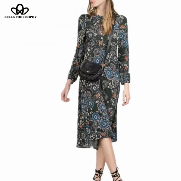 Bella Philosophy 2017 spring retro vintage new floral flower bloom print long sleeve long women dress real photo