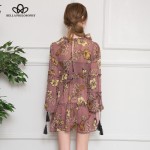 Bella Philosophy 2017 spring summer women's O-neck lantern sleeved ethnic chiffon dress floral flower print blue pink brown