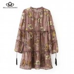 Bella Philosophy 2017 spring summer women's O-neck lantern sleeved ethnic chiffon dress floral flower print blue pink brown