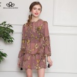 Bella Philosophy 2017 spring summer women's O-neck lantern sleeved ethnic chiffon dress floral flower print blue pink brown