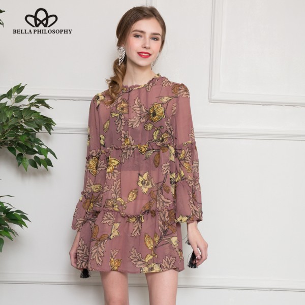 Bella Philosophy 2017 spring summer women's O-neck lantern sleeved ethnic chiffon dress floral flower print blue pink brown