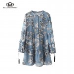 Bella Philosophy 2017 spring summer women's O-neck lantern sleeved ethnic chiffon dress floral flower print blue pink brown