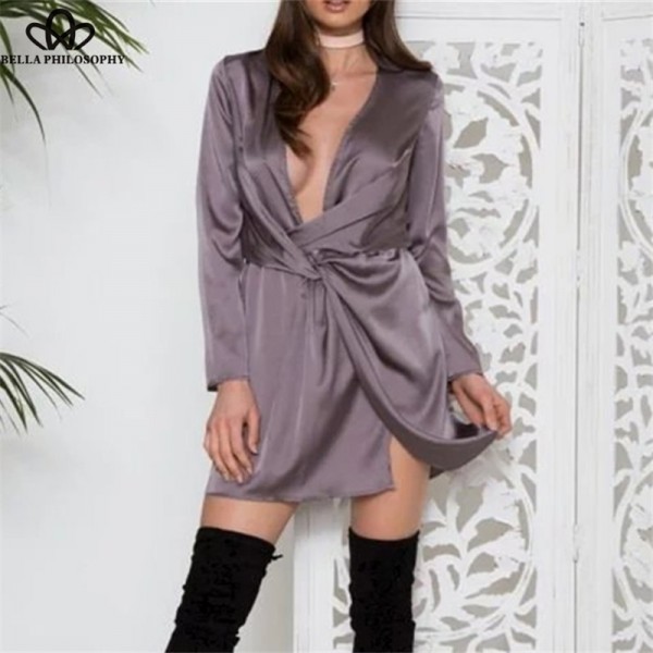 Bella Philosophy spring and summer sexy deepV-neck loose long-sleeved satin wrap dress black white red pink purple orangeS-L