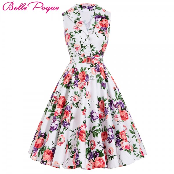 Belle Poque Women Dress 2017 Floral Cotton Sleeveless Casual Summer Dresses Robe Femme Vintage 50s 60s Swing Retro Party Dress