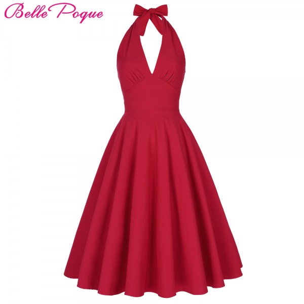 Belle Poque Women Summer Sexy Red Retro Vintage Halter V-Neck Party Picnic Dress Casual Plus Size Clothing marilyn monroe Dress