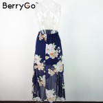 BerryGo Casual summer style beach lace backless dress Fashion sleeveless deep v neck women dresses Sexy slit print dress 2017