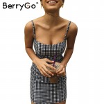 BerryGo Causal plaid sleeveless bodycon summer dress Women sexy black short dress robe Vintage zipper beach black dress vestidos