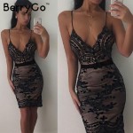 BerryGo Elegant sequin evening party dress Women sexy deep v neck bodycon dress short christmas dress mesh beach summer vestidos