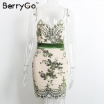 BerryGo Elegant sequin evening party dress Women sexy deep v neck bodycon dress short christmas dress mesh beach summer vestidos