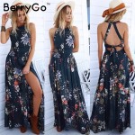 BerryGo Halter floral long dress Women Christmas chic backless evening party maxi dress Hollow out sexy summer dress vestidos