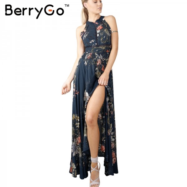 BerryGo Halter floral long dress Women Christmas chic backless evening party maxi dress Hollow out sexy summer dress vestidos