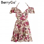 BerryGo Hollow out beach party dresses Halter off shoulder summer dress women Floral print high waist sexy dress vestidos