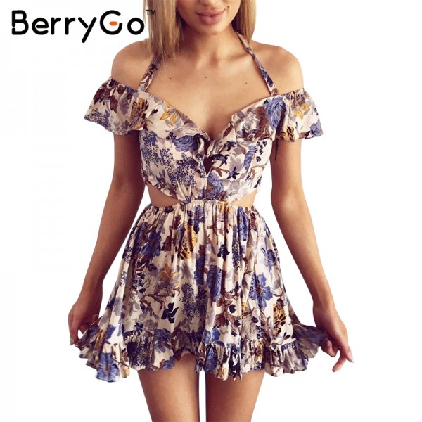 BerryGo Hollow out beach party dresses Halter off shoulder summer dress women Floral print high waist sexy dress vestidos