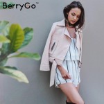 BerryGo Oversized collar leather suede jacket coat Belted motorcycle jacket Short winter jacket 2016 elegant women outwear