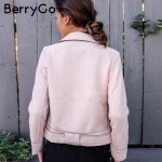 BerryGo Oversized collar leather suede jacket coat Belted motorcycle jacket Short winter jacket 2016 elegant women outwear