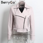 BerryGo Oversized collar leather suede jacket coat Belted motorcycle jacket Short winter jacket 2016 elegant women outwear