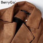 BerryGo Oversized collar leather suede jacket coat Belted motorcycle jacket Short winter jacket 2016 elegant women outwear