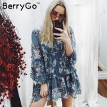 BerryGo Ruffle floral print tassel chiffon dress Autumn winter loose long sleeve dress Vintage transparent short dress vestidos