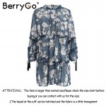 BerryGo Ruffle floral print tassel chiffon dress Autumn winter loose long sleeve dress Vintage transparent short dress vestidos