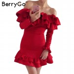 BerryGo Ruffles vintage dress 2016 autumn winter Off shoulder long sleeve women dress Short bodycon sexy dress vestido de festa