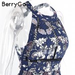 BerryGo Split backless summer dress women Christmas floral beach dress halter neck long dress Elegant maxi dress female vestidos