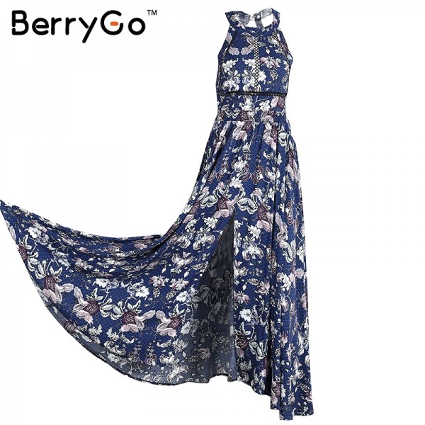 BerryGo Split backless summer dress women Christmas floral beach dress halter neck long dress Elegant maxi dress female vestidos