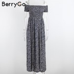 BerryGo Vintage side split off shoulder print summer dress Elegant high waist pleated maxi dress women Sexy beach long dress