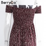 BerryGo Vintage side split off shoulder print summer dress Elegant high waist pleated maxi dress women Sexy beach long dress