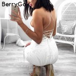 BerryGo White lace dress new year Backless V neck beach summer dress women Hollow out black sexy party dresses tassels vestidos